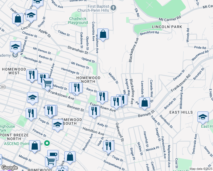 map of restaurants, bars, coffee shops, grocery stores, and more near 7728 Monticello Street in Pittsburgh