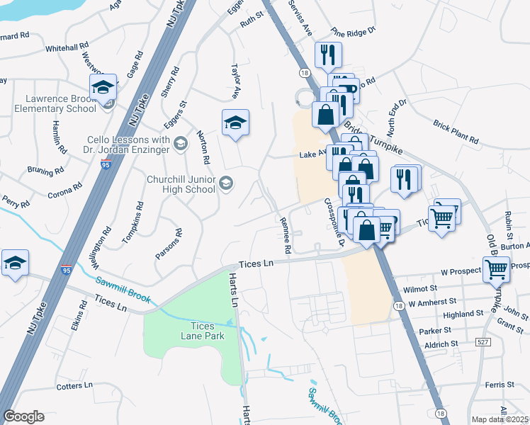 map of restaurants, bars, coffee shops, grocery stores, and more near 16 Lake Avenue in East Brunswick