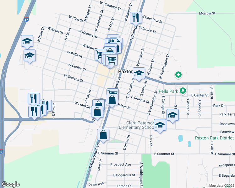 map of restaurants, bars, coffee shops, grocery stores, and more near 204 East Orleans Street in Paxton