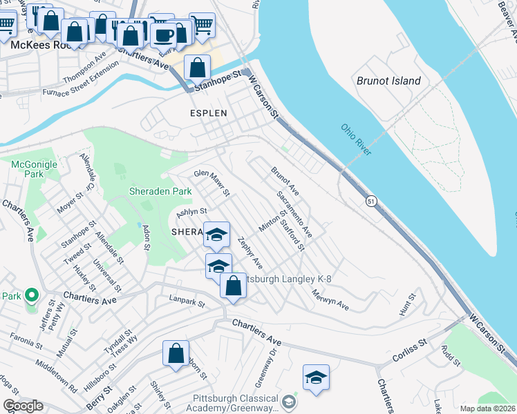 map of restaurants, bars, coffee shops, grocery stores, and more near 3030 Merwyn Avenue in Pittsburgh