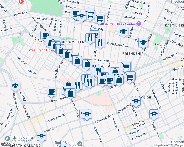 map of restaurants, bars, coffee shops, grocery stores, and more near 95164 Corday Way in Pittsburgh