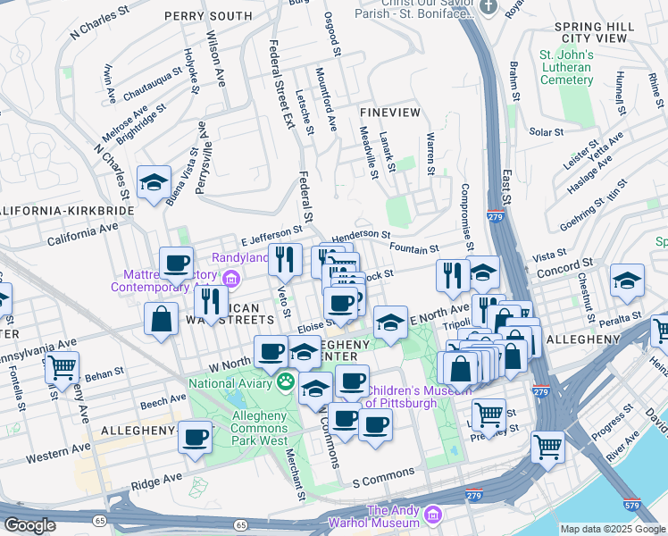map of restaurants, bars, coffee shops, grocery stores, and more near 1416 Federal Street in Pittsburgh