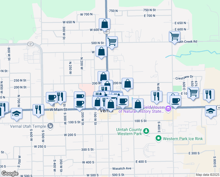 map of restaurants, bars, coffee shops, grocery stores, and more near 160 North Vernal Avenue in Vernal