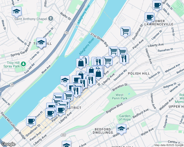 map of restaurants, bars, coffee shops, grocery stores, and more near 2815 Smallman Street in Pittsburgh