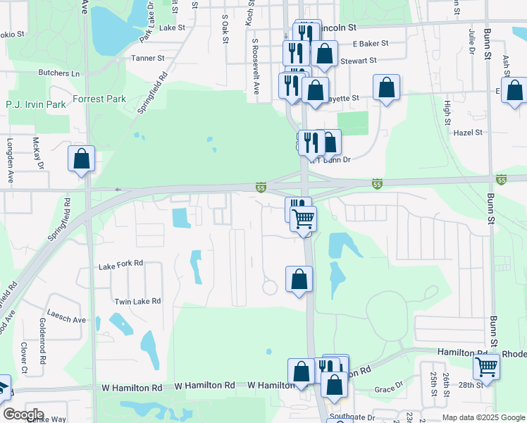 map of restaurants, bars, coffee shops, grocery stores, and more near 110 Urban Street in Bloomington