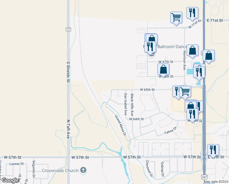 map of restaurants, bars, coffee shops, grocery stores, and more near 974 West 65th Street in Loveland