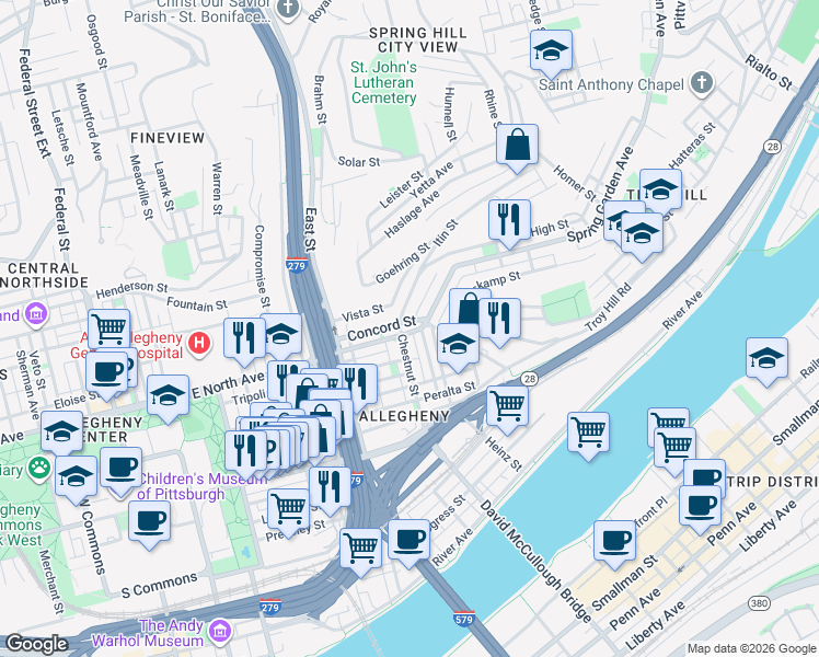 map of restaurants, bars, coffee shops, grocery stores, and more near 900 Spring Garden Avenue in Pittsburgh