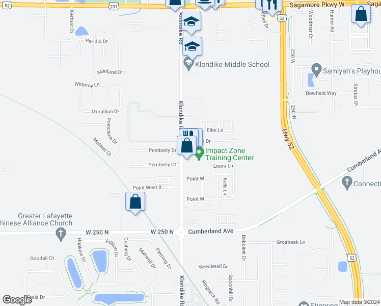 map of restaurants, bars, coffee shops, grocery stores, and more near 2801 Klondike Road in West Lafayette