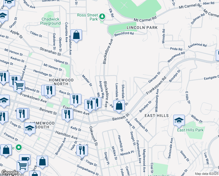 map of restaurants, bars, coffee shops, grocery stores, and more near 1054 Blackadore Ave in Pittsburgh