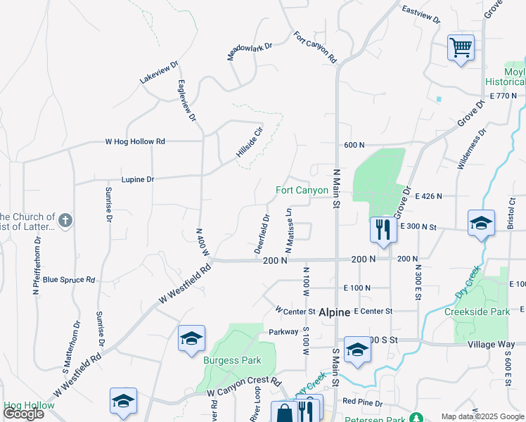 map of restaurants, bars, coffee shops, grocery stores, and more near 372 North Whitby Woodlands Drive in Alpine