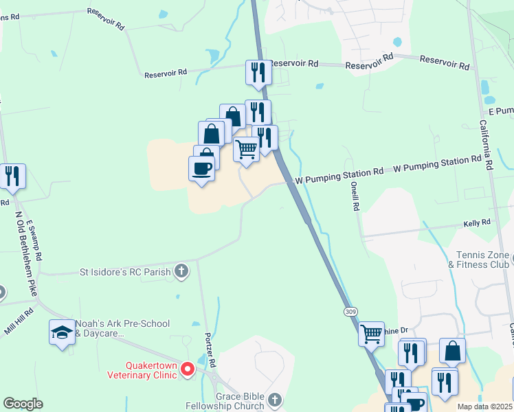 map of restaurants, bars, coffee shops, grocery stores, and more near 380 West Pumping Station Road in Quakertown