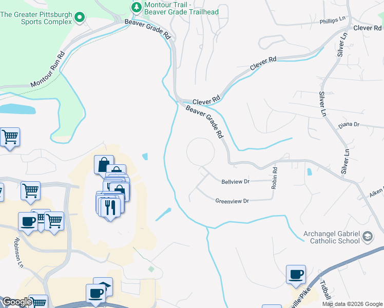 map of restaurants, bars, coffee shops, grocery stores, and more near 52 Bellview Circle in McKees Rocks