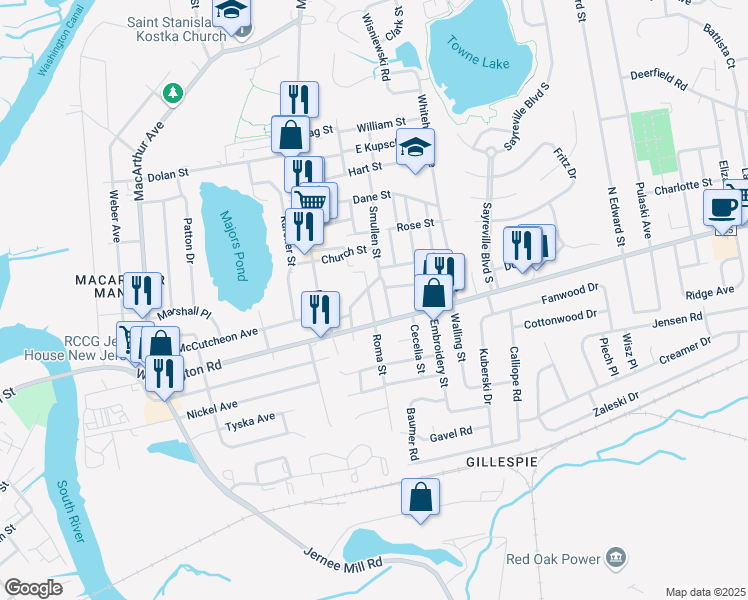 map of restaurants, bars, coffee shops, grocery stores, and more near 12 Albert Street in Sayreville