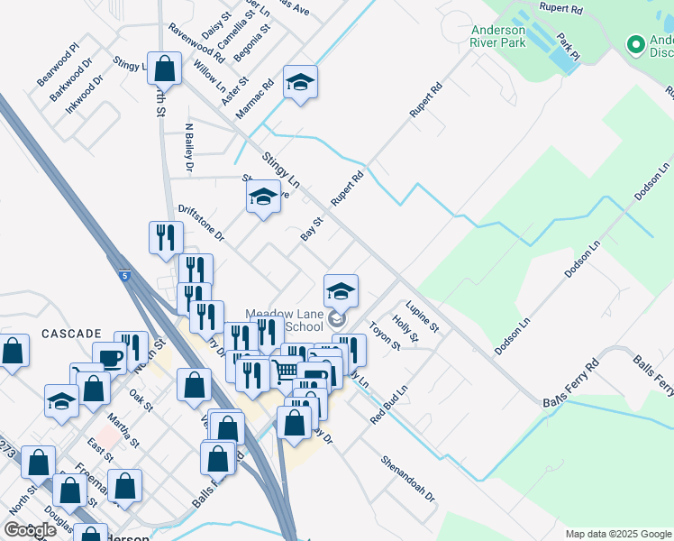 map of restaurants, bars, coffee shops, grocery stores, and more near 2883 Palomino Street in Anderson