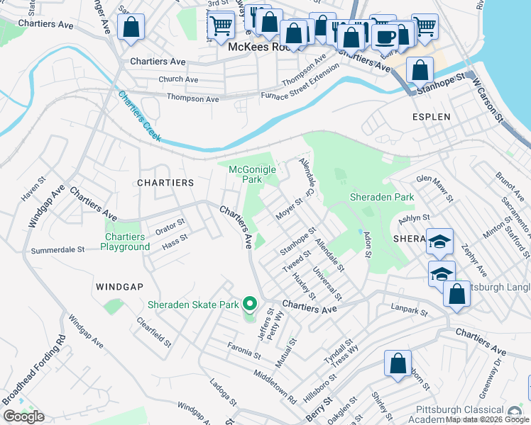 map of restaurants, bars, coffee shops, grocery stores, and more near 1107 Criss St in Pittsburgh