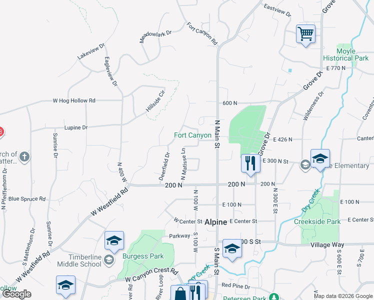 map of restaurants, bars, coffee shops, grocery stores, and more near 151 Glacier Lily Drive in Alpine