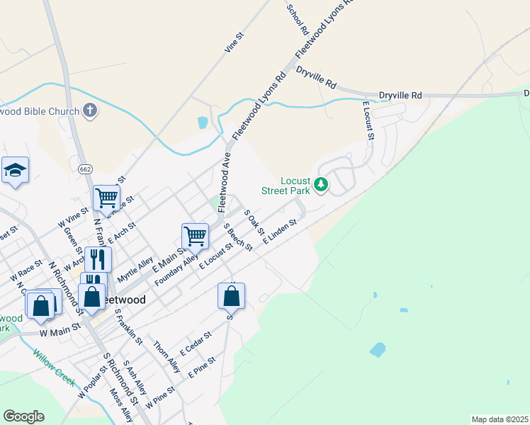 map of restaurants, bars, coffee shops, grocery stores, and more near 517 East Locust Street in Fleetwood