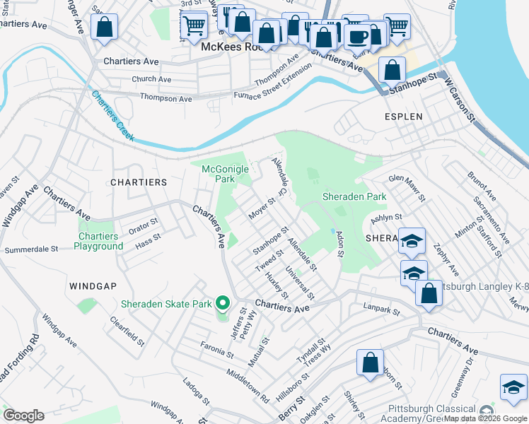 map of restaurants, bars, coffee shops, grocery stores, and more near 1001 Moyer Street in Pittsburgh