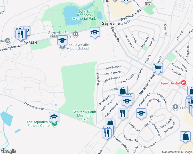 map of restaurants, bars, coffee shops, grocery stores, and more near 83 Kendall Drive in Sayreville