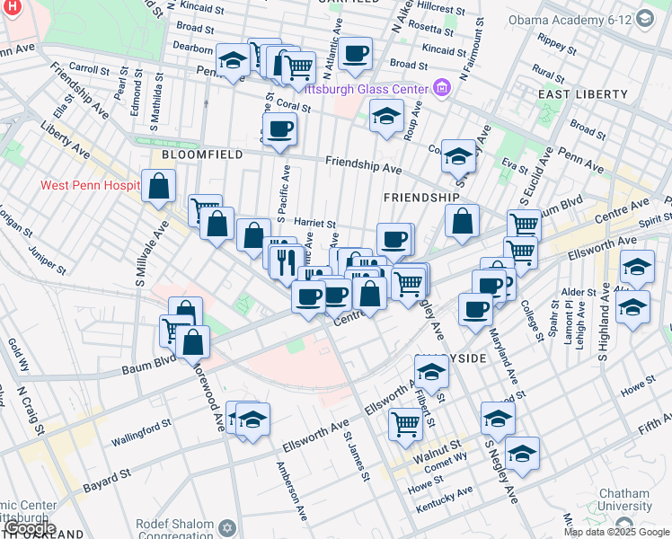 map of restaurants, bars, coffee shops, grocery stores, and more near 451 South Aiken Avenue in Pittsburgh