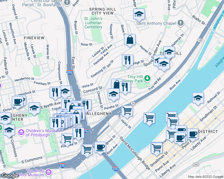 map of restaurants, bars, coffee shops, grocery stores, and more near 1007 Voskamp Street in Pittsburgh