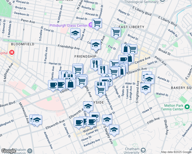 map of restaurants, bars, coffee shops, grocery stores, and more near 3743 Commerce Street in Pittsburgh