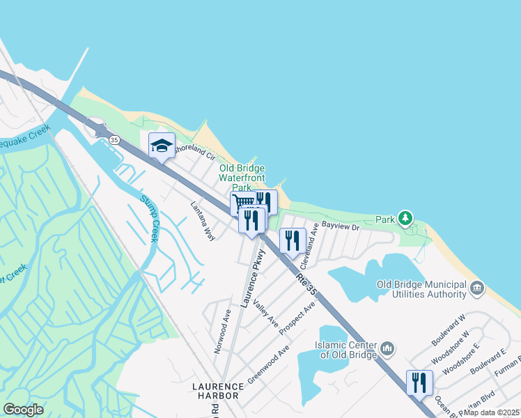 map of restaurants, bars, coffee shops, grocery stores, and more near 278 Shoreland Circle in Old Bridge