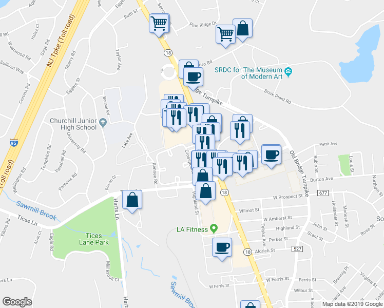 map of restaurants, bars, coffee shops, grocery stores, and more near 419 Meade Court in East Brunswick