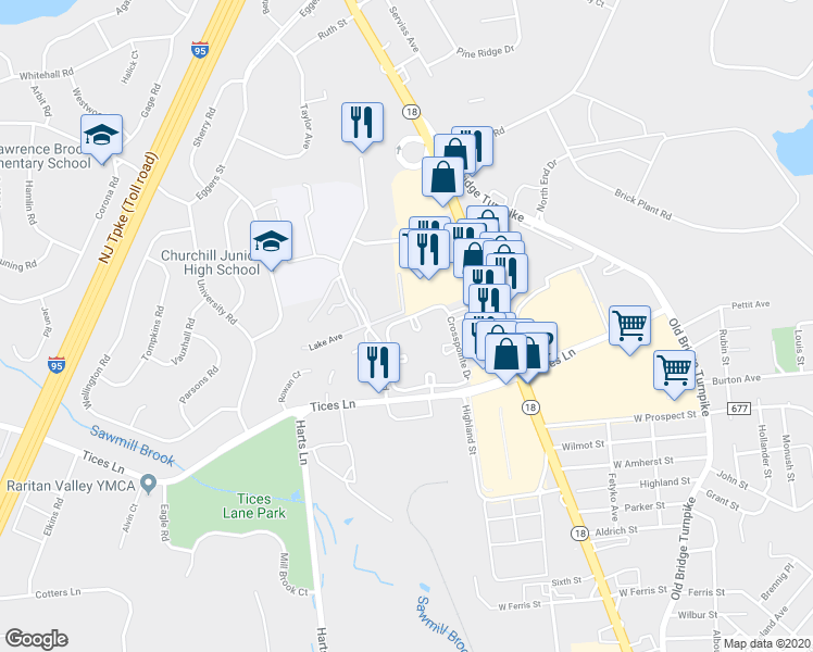 map of restaurants, bars, coffee shops, grocery stores, and more near 155 Crosspointe Drive in East Brunswick