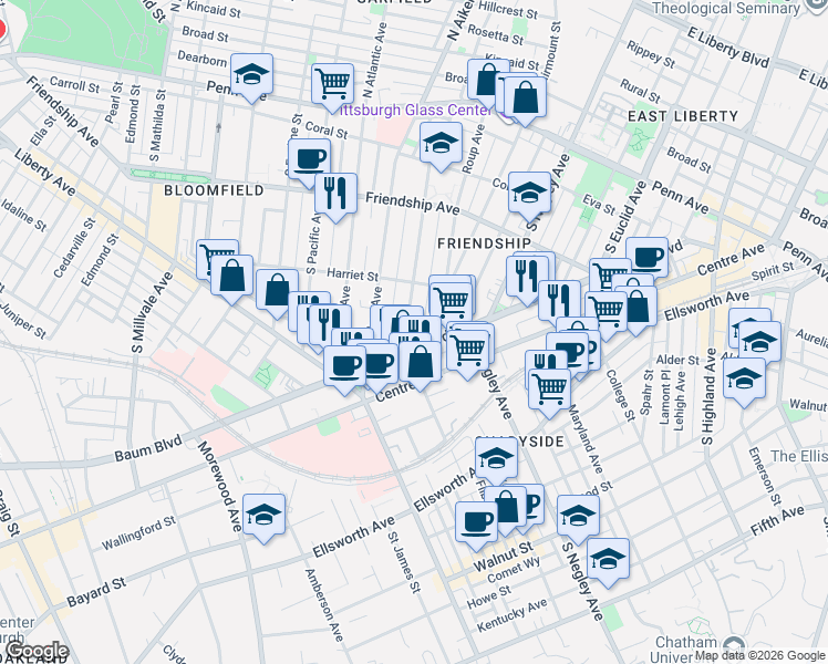 map of restaurants, bars, coffee shops, grocery stores, and more near 445 South Graham Street in Pittsburgh