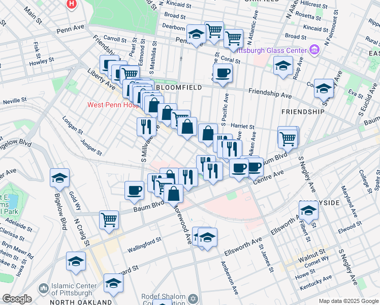 map of restaurants, bars, coffee shops, grocery stores, and more near 527 South Winebiddle Street in Pittsburgh