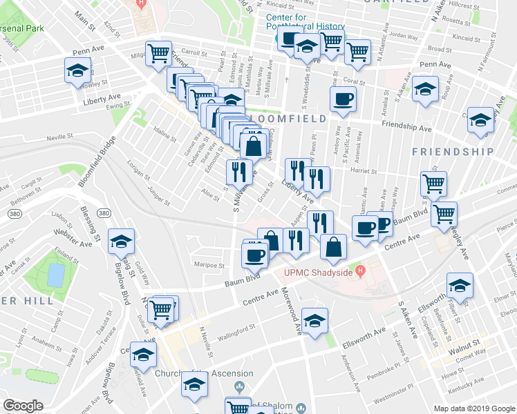 map of restaurants, bars, coffee shops, grocery stores, and more near 5013 Cypress Street in Pittsburgh