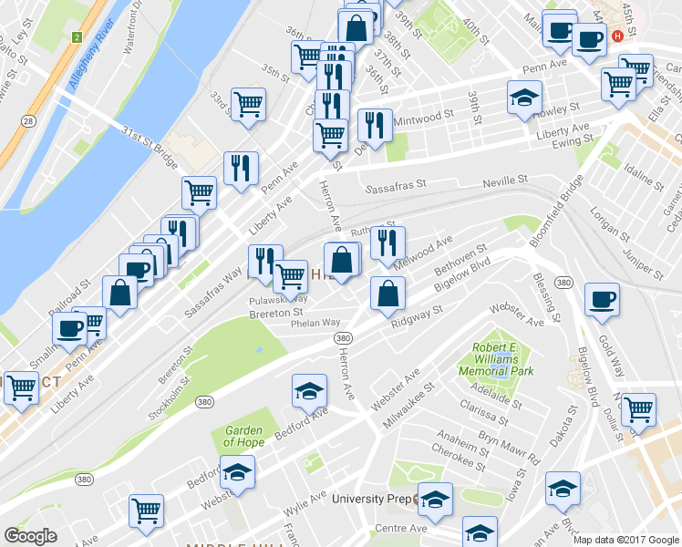 map of restaurants, bars, coffee shops, grocery stores, and more near 21 Revere Way in Pittsburgh