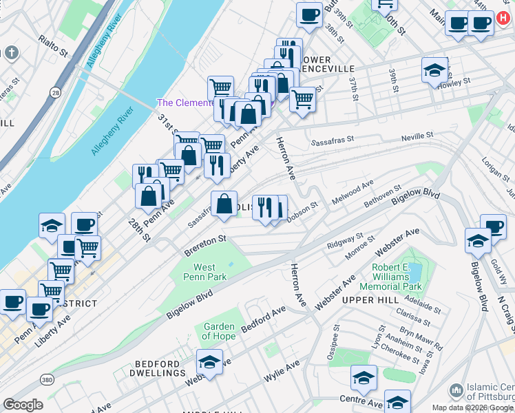 map of restaurants, bars, coffee shops, grocery stores, and more near in Pittsburgh