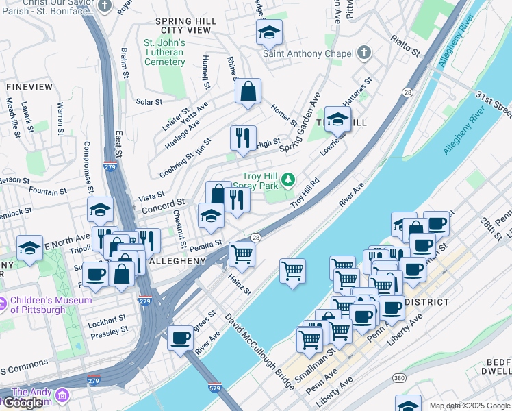 map of restaurants, bars, coffee shops, grocery stores, and more near 1135 Goettmann Street in Pittsburgh