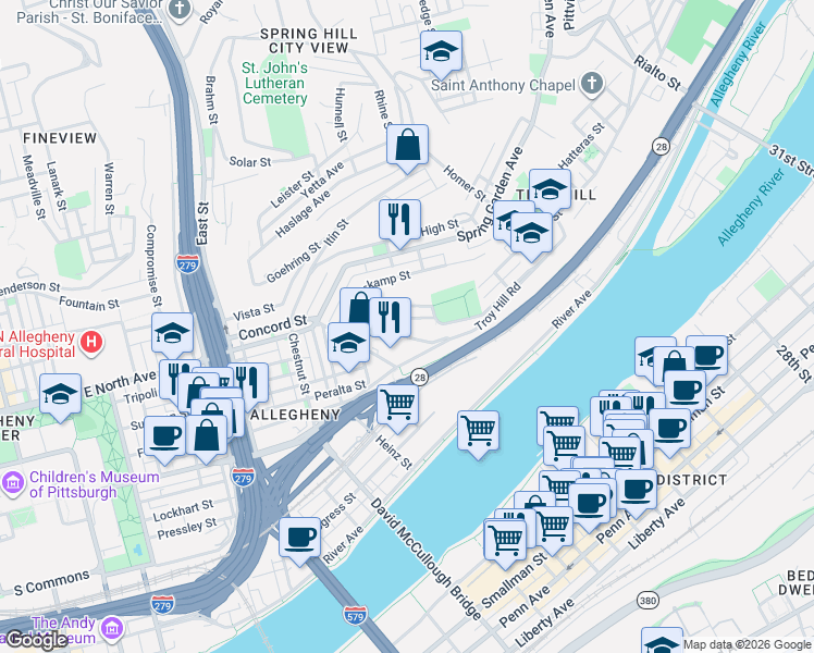 map of restaurants, bars, coffee shops, grocery stores, and more near 1135 Goettmann Street in Pittsburgh