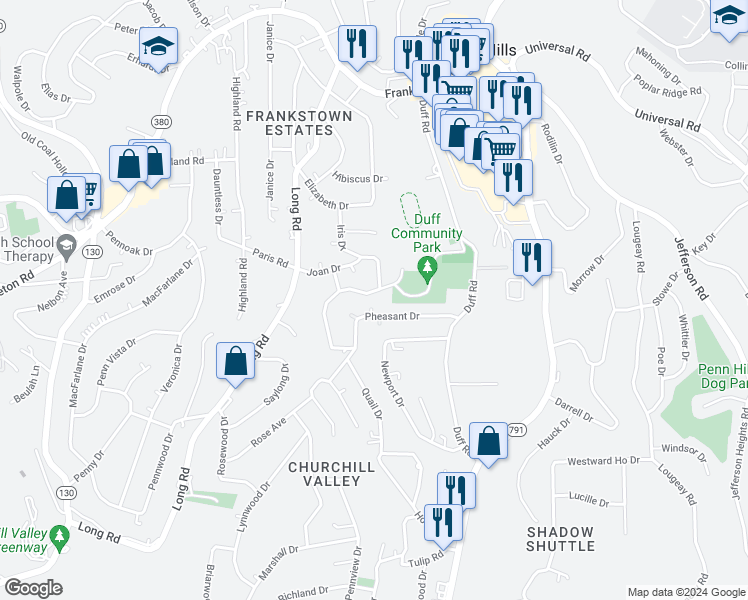 map of restaurants, bars, coffee shops, grocery stores, and more near 11817 Joan Drive in Pittsburgh