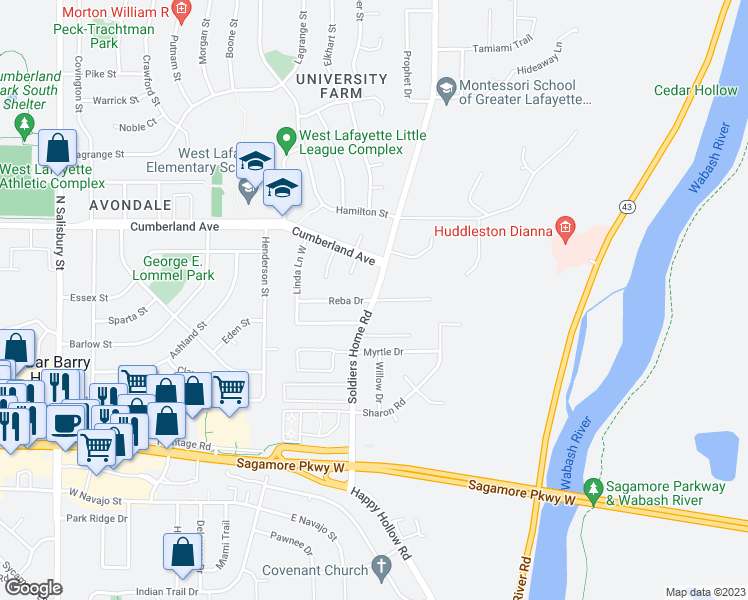 map of restaurants, bars, coffee shops, grocery stores, and more near 2940 Soldiers Home Road in West Lafayette