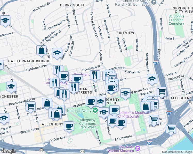 map of restaurants, bars, coffee shops, grocery stores, and more near 212 Jacksonia Street in Pittsburgh