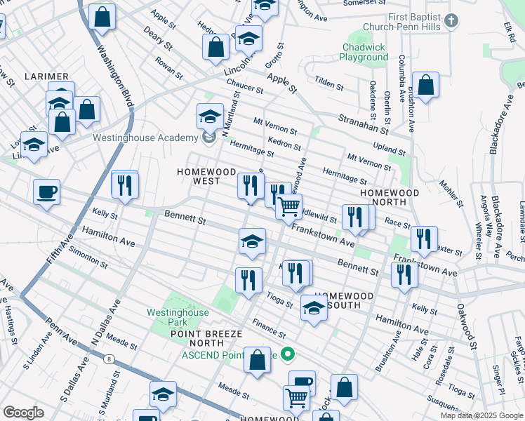 map of restaurants, bars, coffee shops, grocery stores, and more near 7119 Frankstown Avenue in Pittsburgh