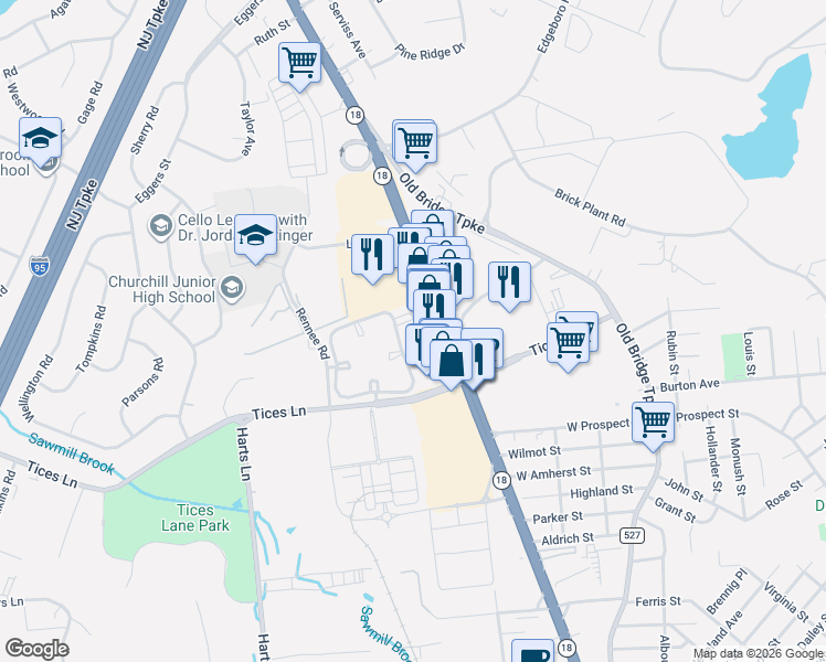 map of restaurants, bars, coffee shops, grocery stores, and more near 411 Meade Court in East Brunswick