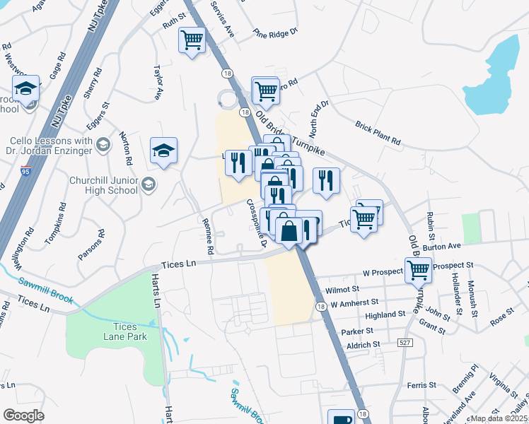 map of restaurants, bars, coffee shops, grocery stores, and more near 411 Meade Court in East Brunswick