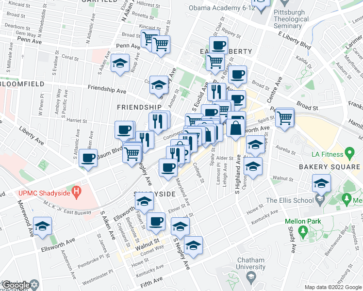 map of restaurants, bars, coffee shops, grocery stores, and more near 5820 Centre Avenue in Pittsburgh