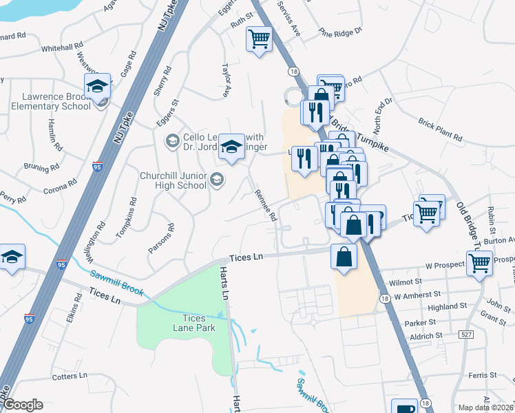 map of restaurants, bars, coffee shops, grocery stores, and more near 16 Lake Avenue in East Brunswick