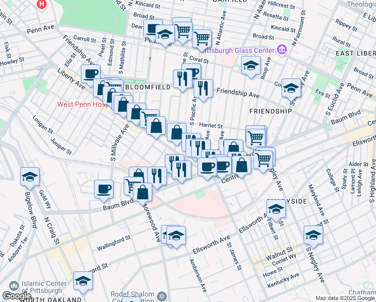 map of restaurants, bars, coffee shops, grocery stores, and more near 95164 Corday Way in Pittsburgh
