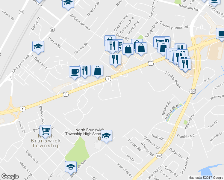 map of restaurants, bars, coffee shops, grocery stores, and more near 403 Rittenhouse Court in North Brunswick Township