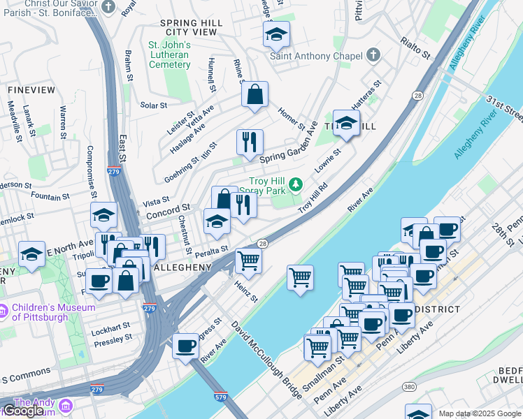 map of restaurants, bars, coffee shops, grocery stores, and more near 1135 Goettmann Street in Pittsburgh