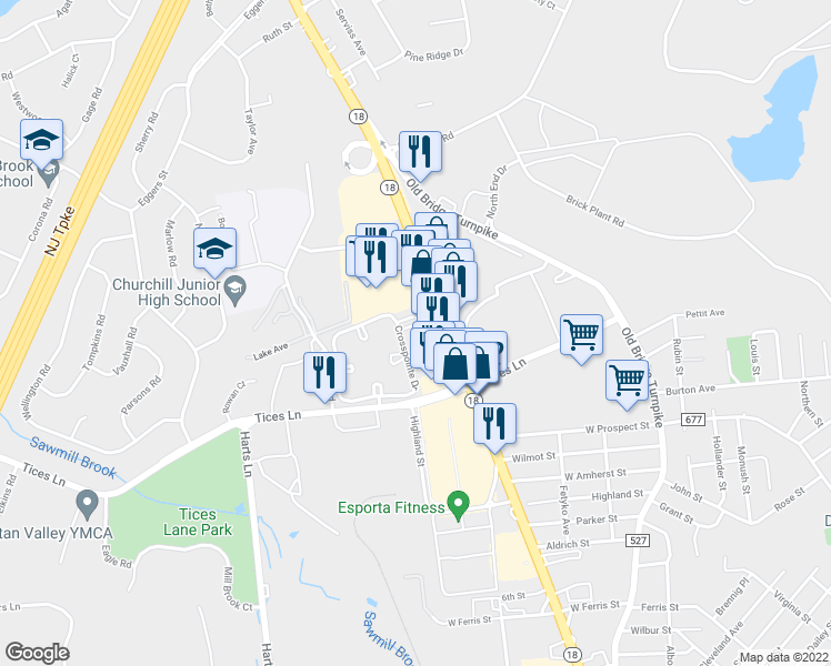 map of restaurants, bars, coffee shops, grocery stores, and more near 419 Meade Court in East Brunswick