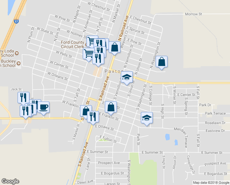 map of restaurants, bars, coffee shops, grocery stores, and more near 255 East Orleans Street in Paxton