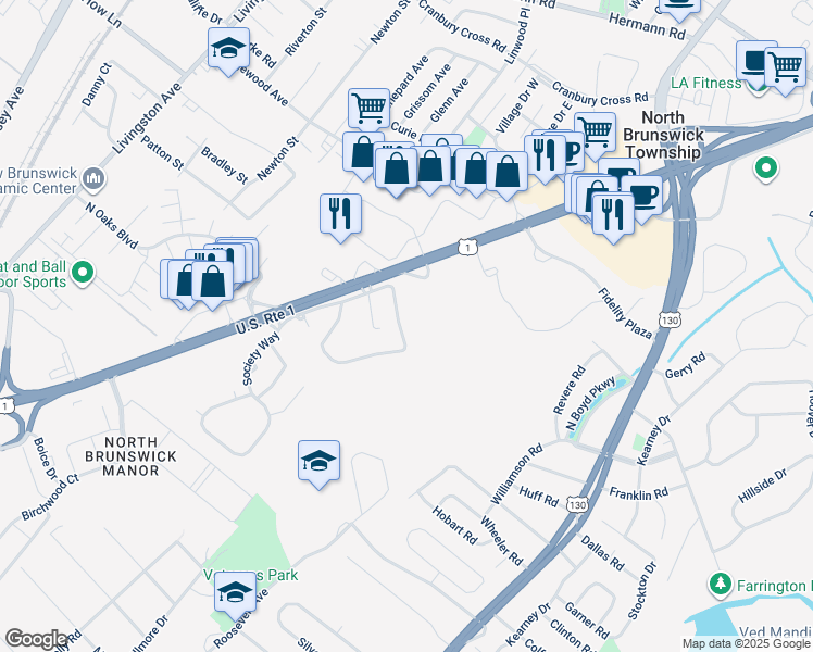 map of restaurants, bars, coffee shops, grocery stores, and more near 345 Constitution Circle in North Brunswick Township